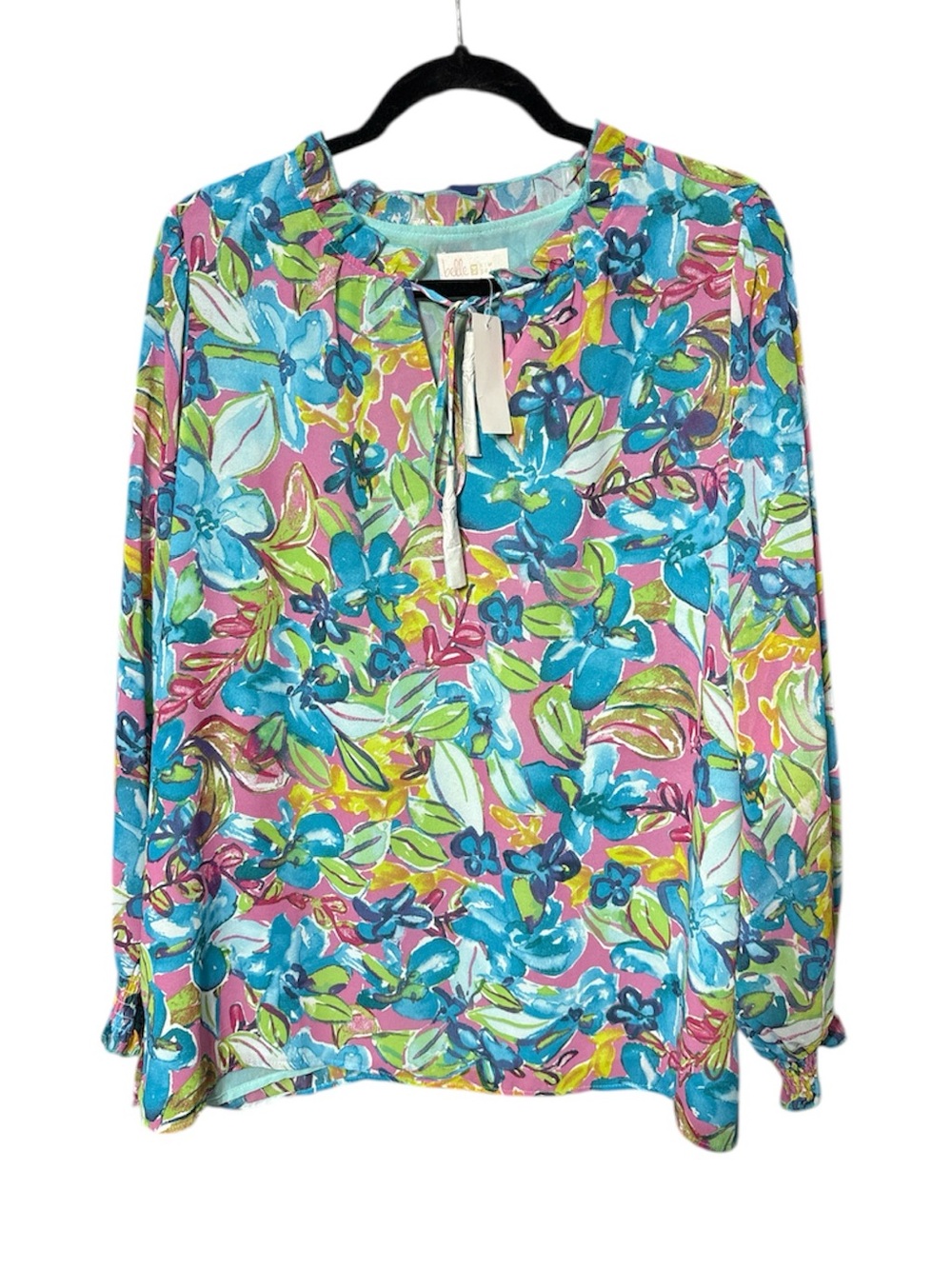 Belle by Kim Gravel Women Top Navy Blue&Purple Floral Print Tunic Lined Blouse L